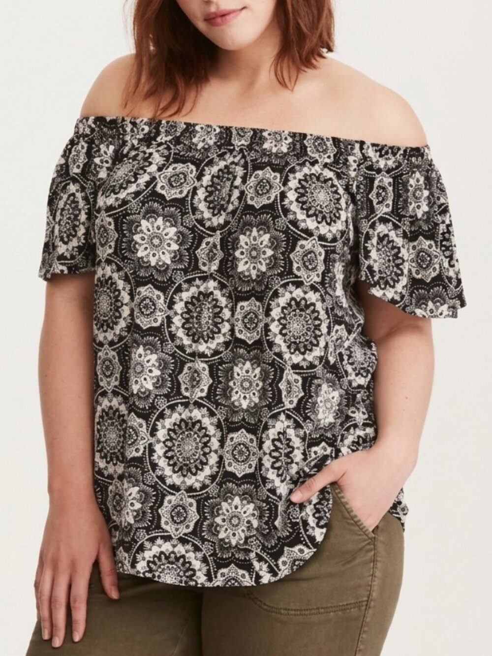 TORRID 1 Plus Size Medallion Print Shirt Off Shoulder Top Black White Boho 2010s